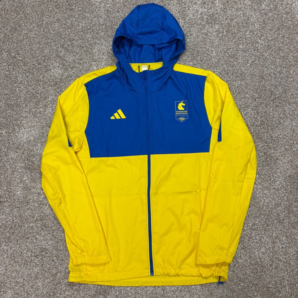 Adidas Boston Marathon 2026 Jacket Size Large Yellow Blue Full Zip Hooded KE6222
